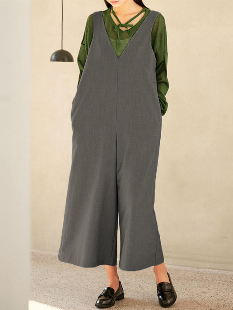 Women Sleeveless V Neck Loose Wide Leg Overalls Jumpsuit