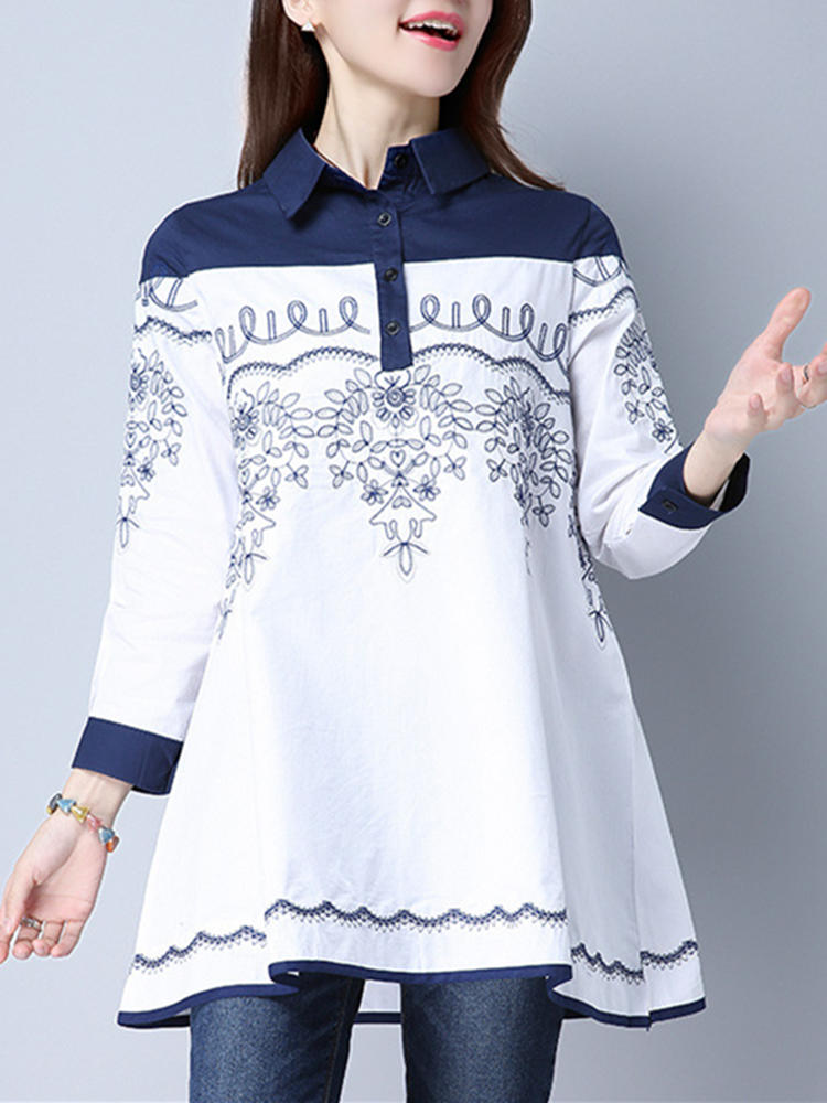 Women Vintage Embroidered Patchwork Top Nine Point Sleeve Turn-d