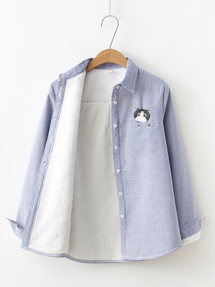 Stripe Cat Embroidered Thick Long Sleeve T-Shirts