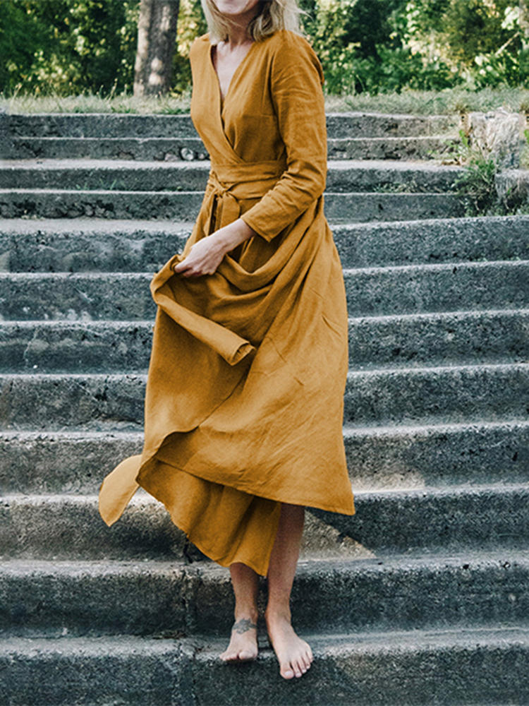 Women Casual Loose Pure Color V-Neck Long Sleeve Dress