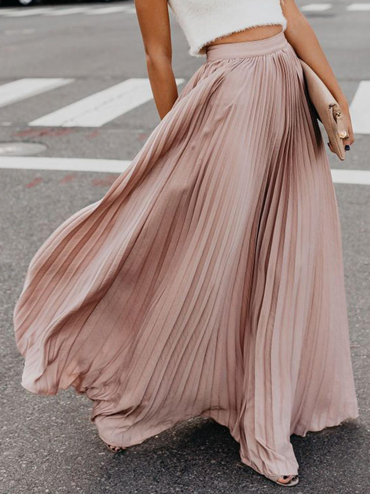 Boho Elastic Waist Pleated Pure Color Women Skirts