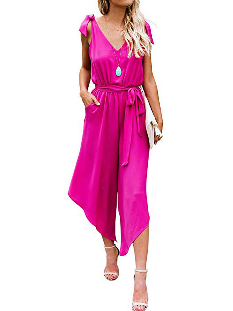 Pure Color Bow Straps Belted Sleeveless Jumpsuit
