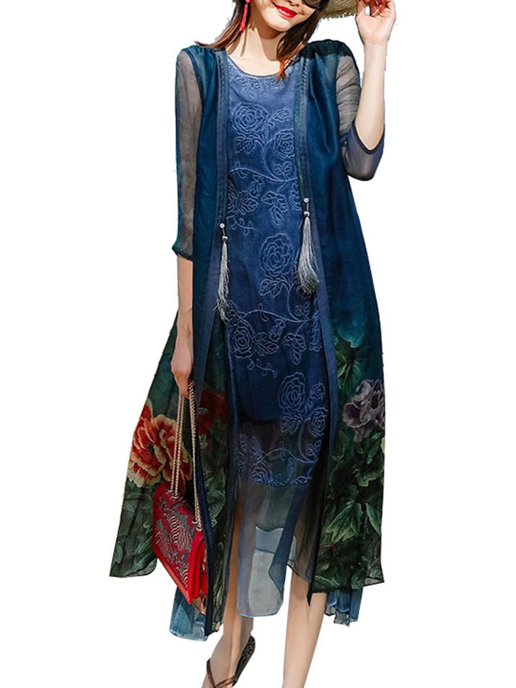 Elegant Floral Print Two Pieces Set Loose Vintage Dress