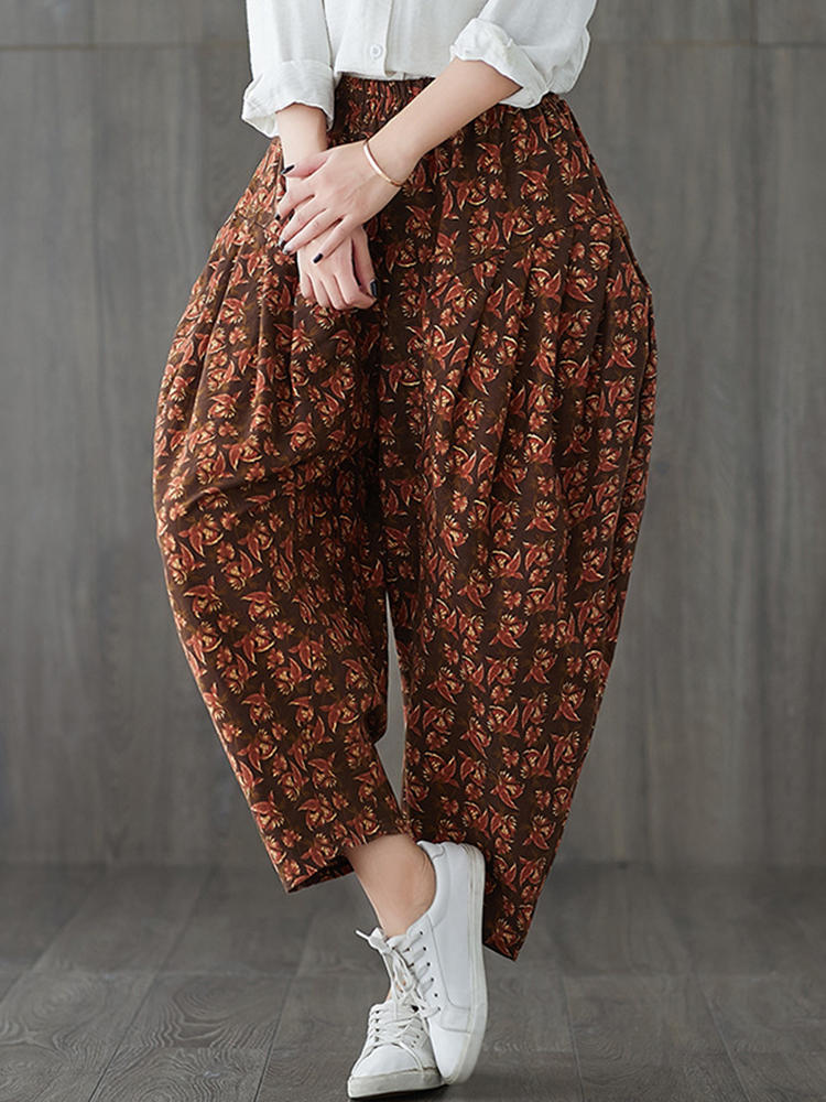 Women Elastic Waist Print Loose Harem Pants