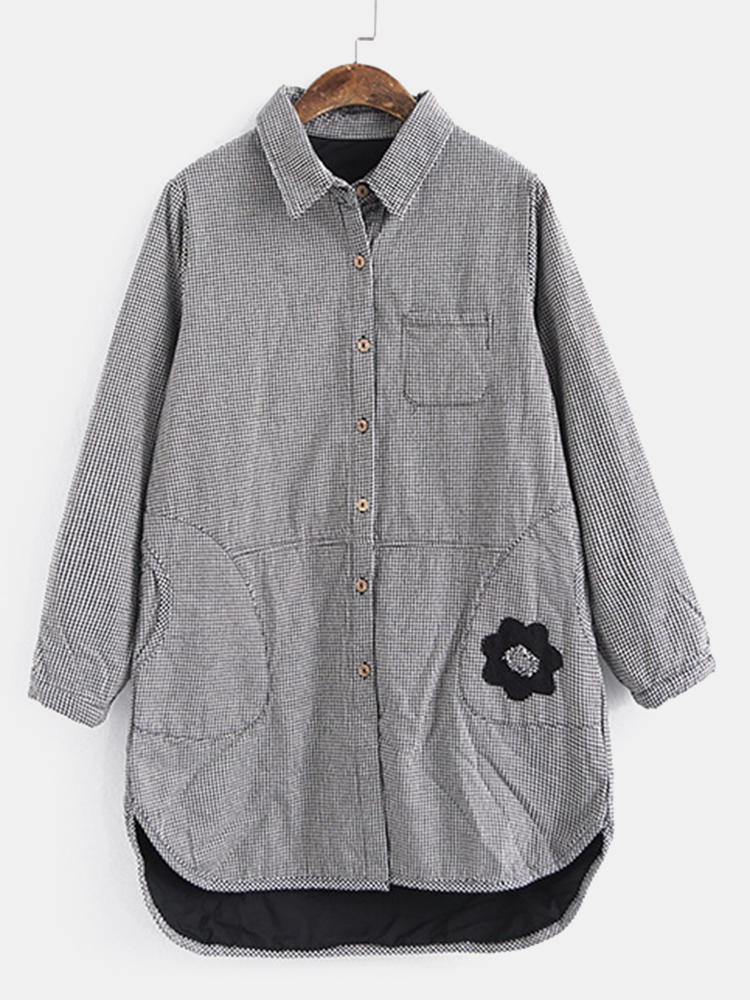 Women Plaid Turn Down Collar Button High Low Winter Shirt Dress