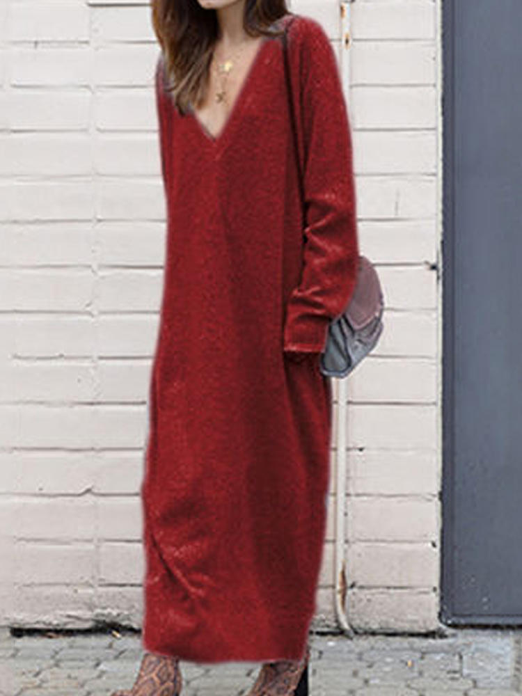 Women Long Sleeve V-neck Loose Casual Knitting Long Dress
