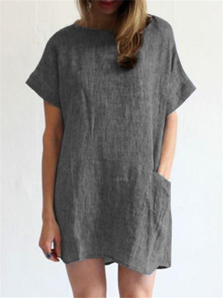 Women Short Sleeve O-neck Solid Casual Mini Dress with Pocket