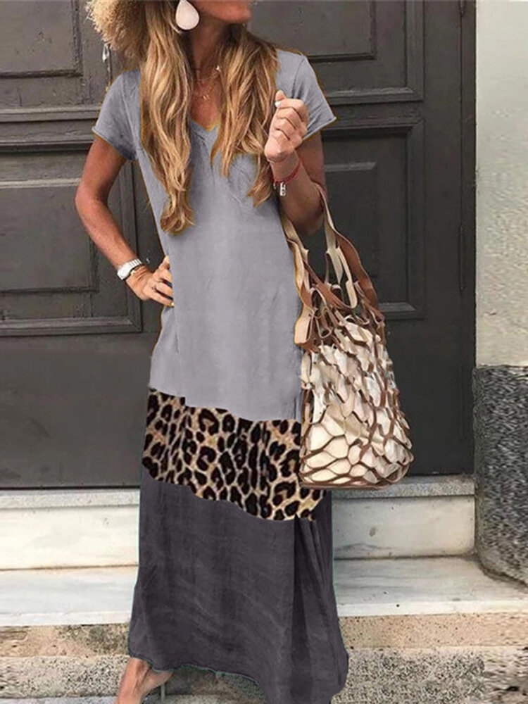 Leopard Print Patchwork Short Sleeve Causal Maxi Dress