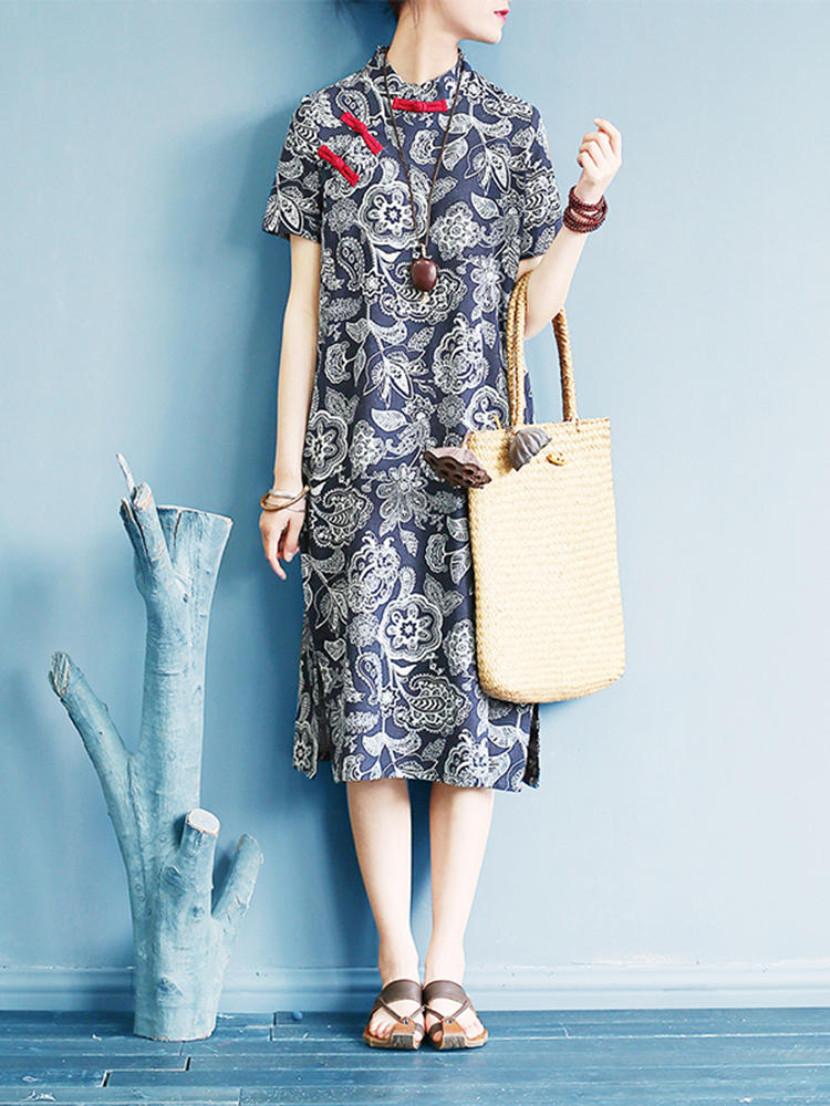 Women Vintage Printed Short Sleeve Split Hem Dress