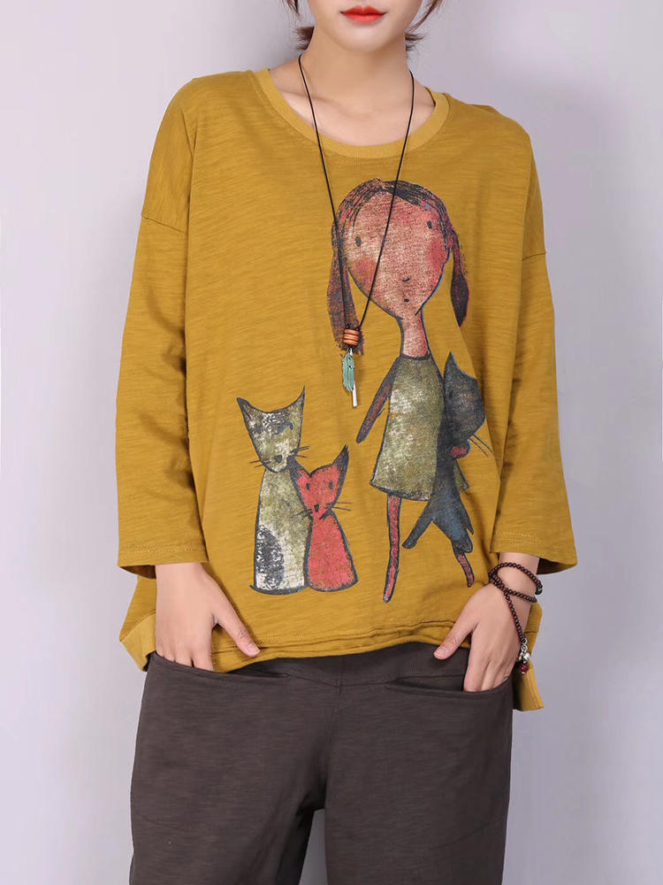 M-5XL Cartoon Cat Print Long Sleeve Loose Casual T-shirts for Wo