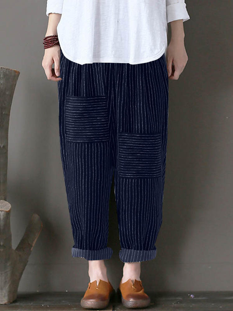 S-5XL Women Striped Pocket Elastic Waist Cotton Pants
