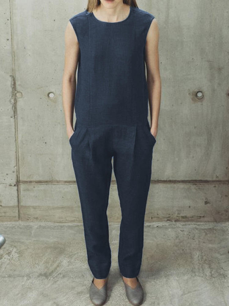 Women Sleeveless Backless Pocket Jumpsuit Overalls